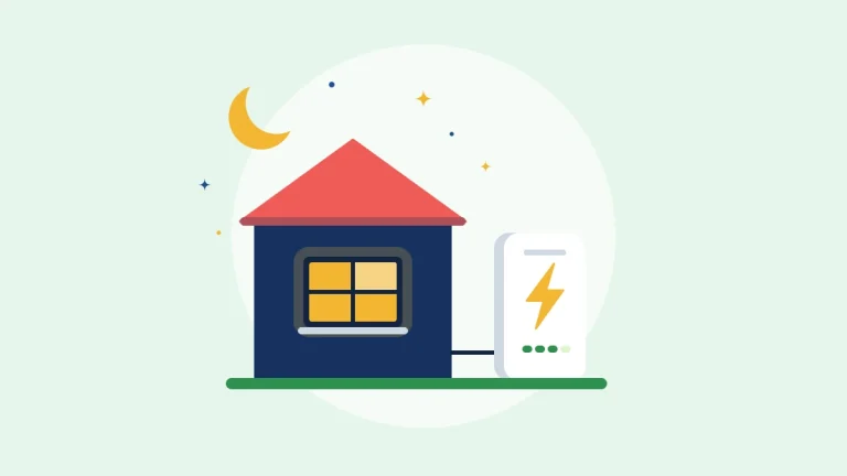 Illustration of a house at night with lit windows and a home battery beside it