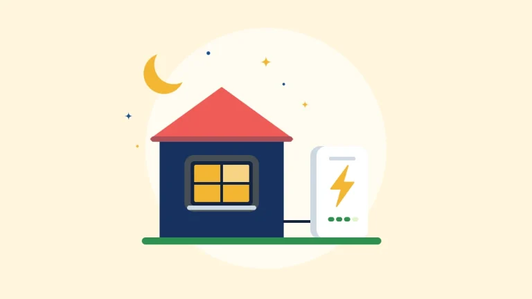 Illustration of a house at night with lit windows and a home battery beside it