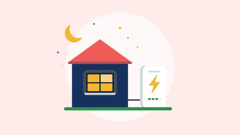 Illustration of a house at night with lit windows and a home battery beside it