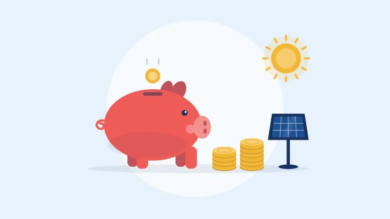 Illustration of a piggy bank, stacks of coins and a small solar panel