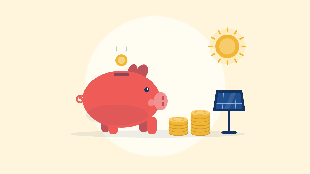 Illustration of a piggy bank, stacks of coins and a small solar panel