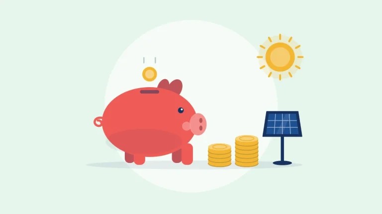 Illustration of a piggy bank, stacks of coins and a small solar panel