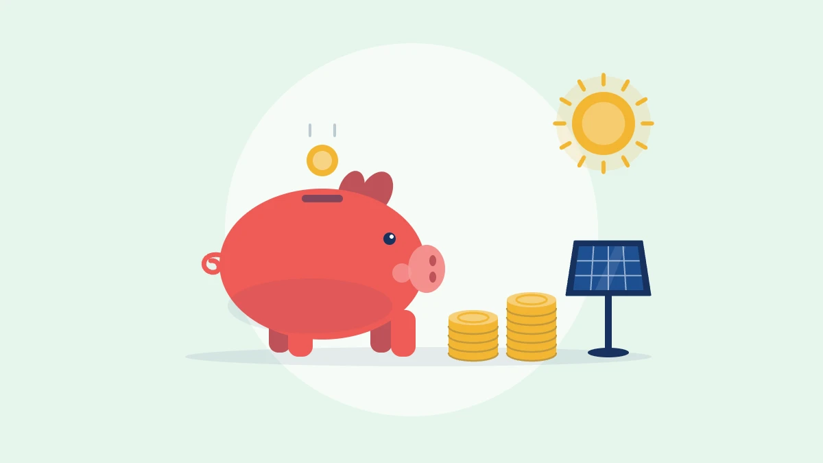 Illustration of a piggy bank, stacks of coins and a small solar panel