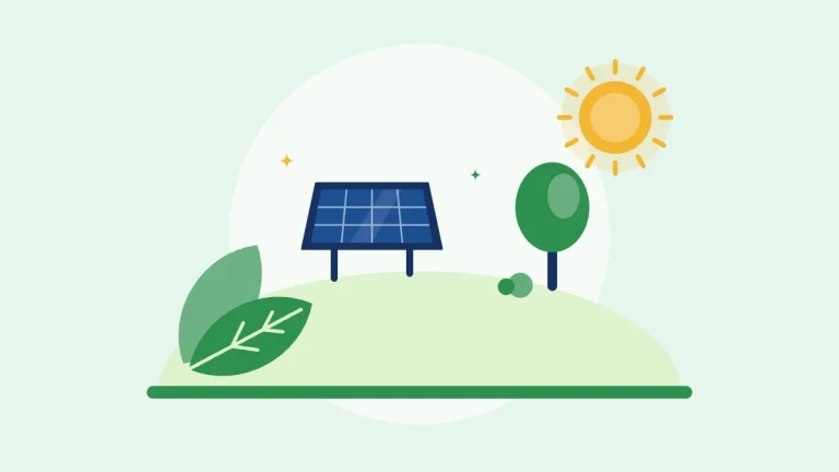 Illustration of a solar panel on a green hill with a leaf, a tree and the sun