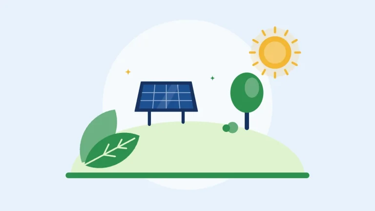 Illustration of a solar panel on a green hill with a leaf, a tree and the sun