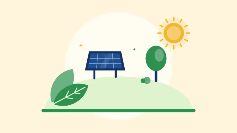 Illustration of a solar panel on a green hill with a leaf, a tree and the sun