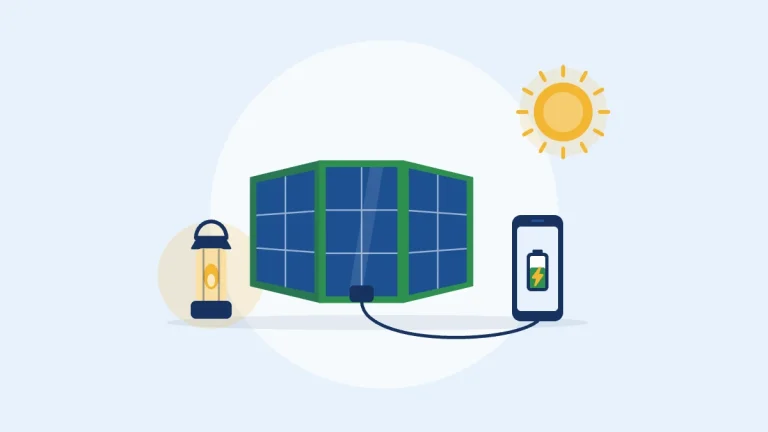 Illustration of a folding solar charger connected to a phone, next to a lantern