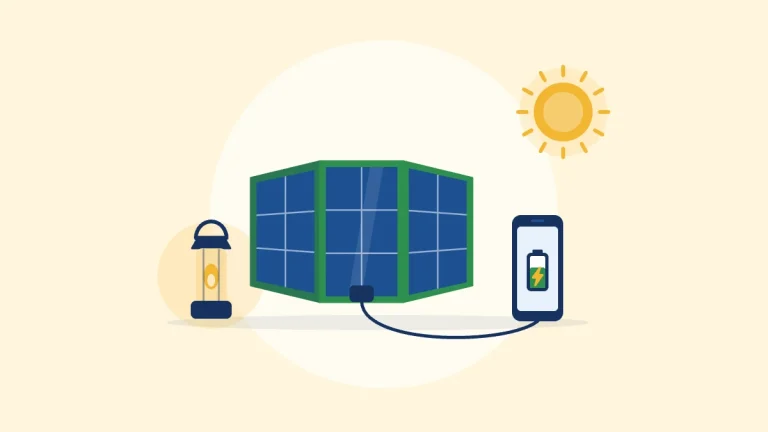 Illustration of a folding solar charger connected to a phone, next to a lantern