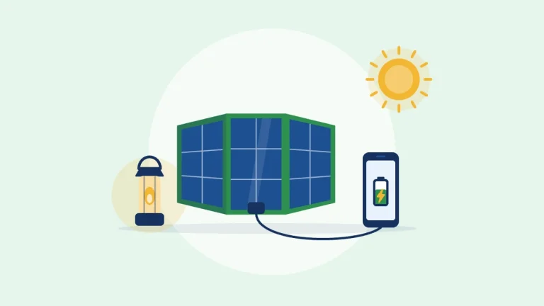 Illustration of a folding solar charger connected to a phone, next to a lantern