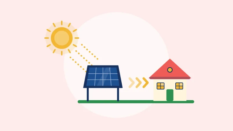Illustration of sunlight hitting a solar panel that sends power to a house