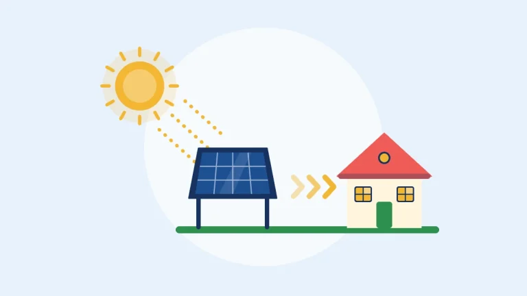 Illustration of sunlight hitting a solar panel that sends power to a house