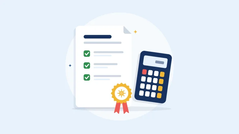 Illustration of a checklist document with an award seal next to a calculator
