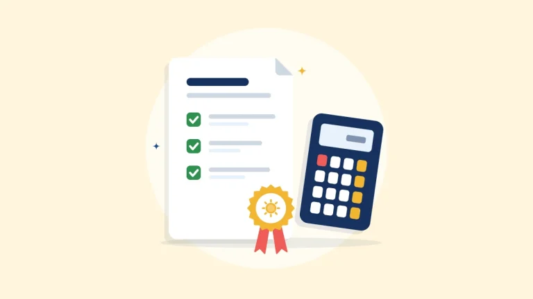 Illustration of a checklist document with an award seal next to a calculator