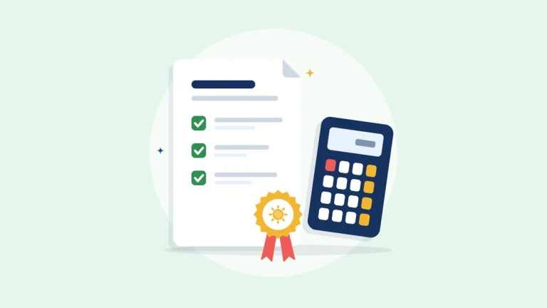 Illustration of a checklist document with an award seal next to a calculator