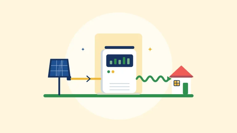 Illustration of a solar panel feeding an inverter that sends AC power to a house