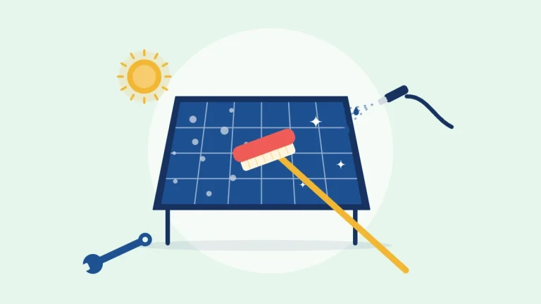 Illustration of a solar panel being cleaned with a brush and water spray, with a wrench nearby