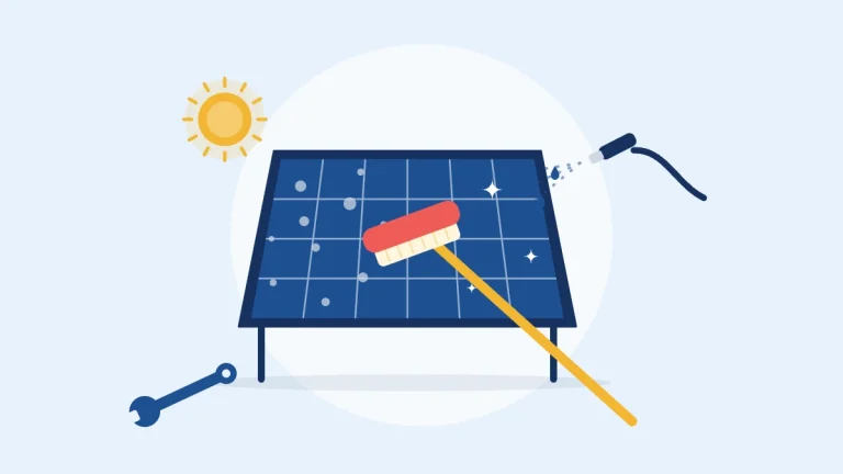 Illustration of a solar panel being cleaned with a brush and water spray, with a wrench nearby