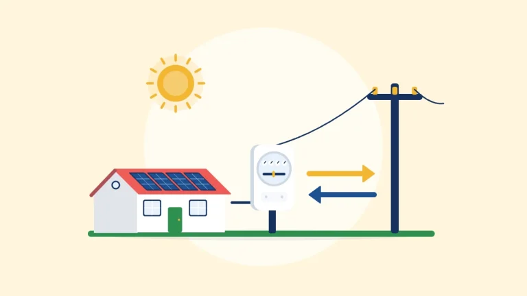 Illustration of a house with solar panels, an electric meter and a power pole with two-way arrows