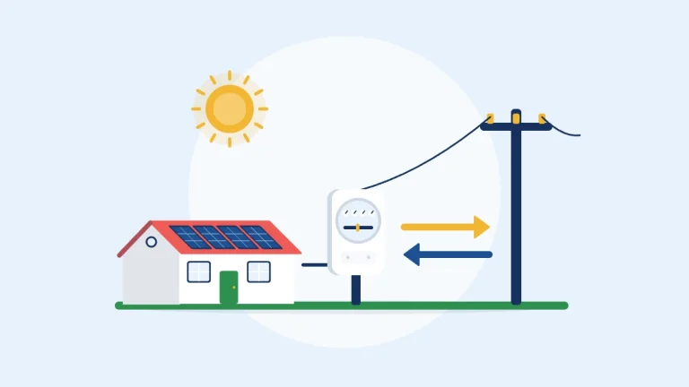 Illustration of a house with solar panels, an electric meter and a power pole with two-way arrows