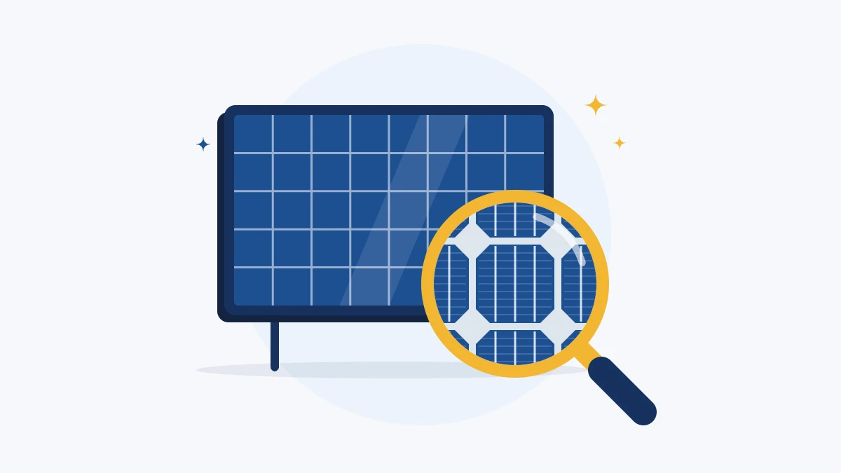 Illustration of a solar panel with a magnifying glass showing its solar cells