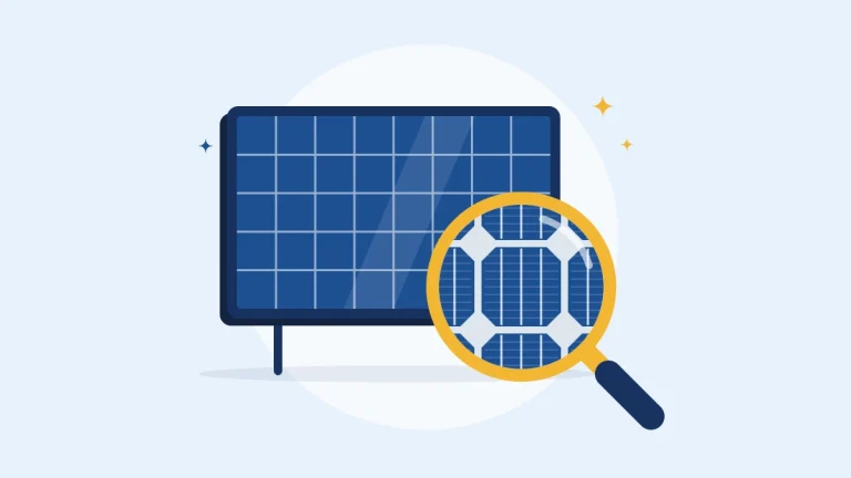 Illustration of a solar panel with a magnifying glass showing its solar cells