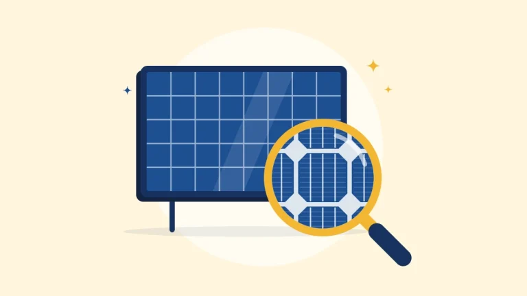 Illustration of a solar panel with a magnifying glass showing its solar cells