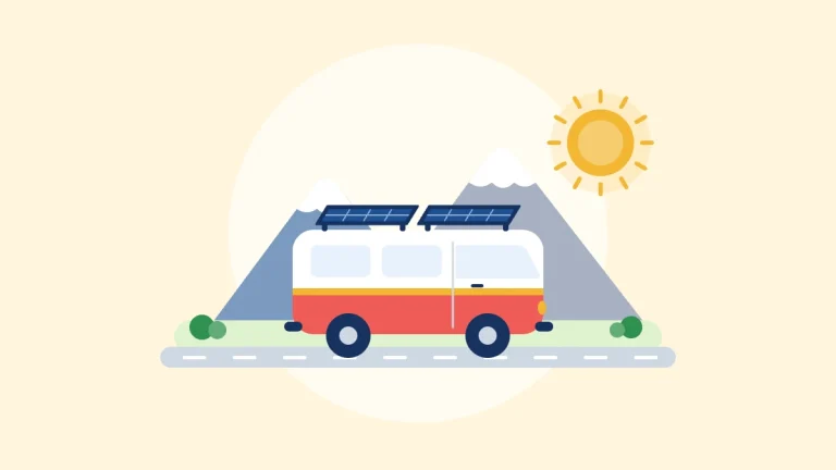 Illustration of a camper van with solar panels on its roof in front of mountains