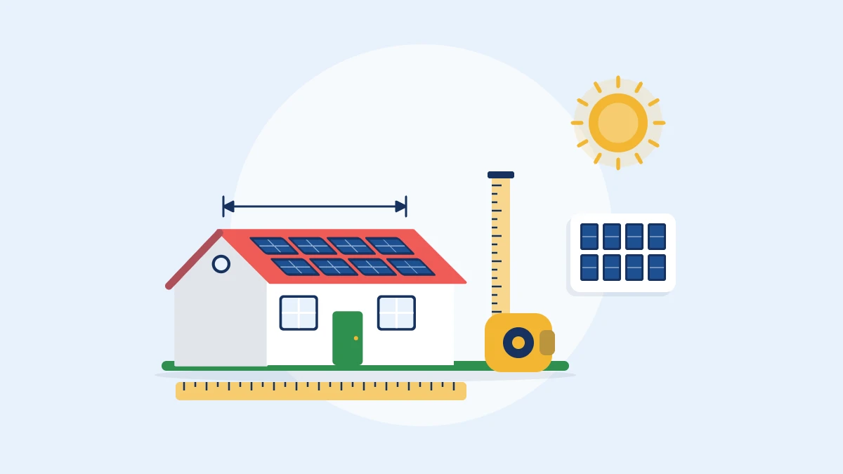 Illustration of a house with rooftop solar panels, a tape measure, a ruler and a panel layout card