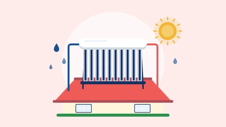 Illustration of a solar water heater with glass tubes and a tank on a roof