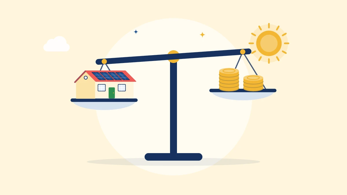 Illustration of a balance scale weighing a house with solar panels against stacks of coins